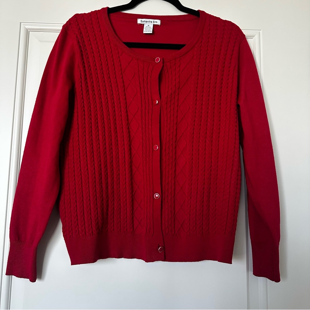 Lands' End Cherry Red Cable Knit Cardigan